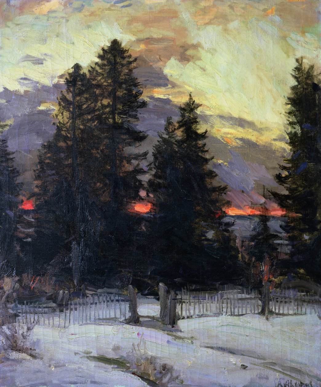 Solnedgang over et vinterlandskab, ca. 1902 af Abram Efimovich Arkhipov