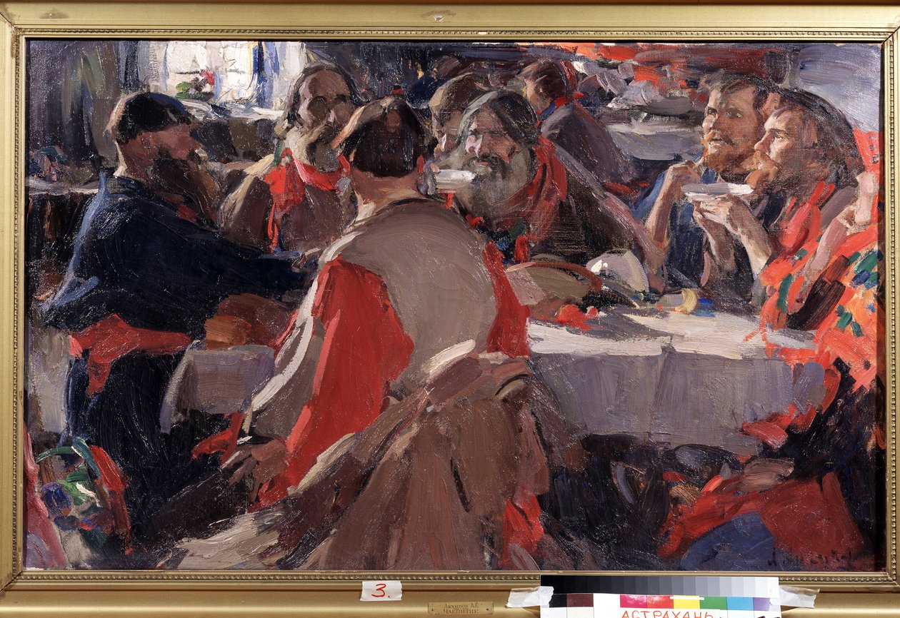 Tea time (Te drikkelse). Maleri af Abram Yefimovich Arkhipov (1862-1930). Olie på lærred, 79 x 31 cm. Russisk kunst, slutningen af ​​det 19.-begyndelsen af ​​det 20. århundrede. Statens B. Kustodiev kunstgalleri, Astrakhan (Rusland). af Abram Efimovich Arkhipov