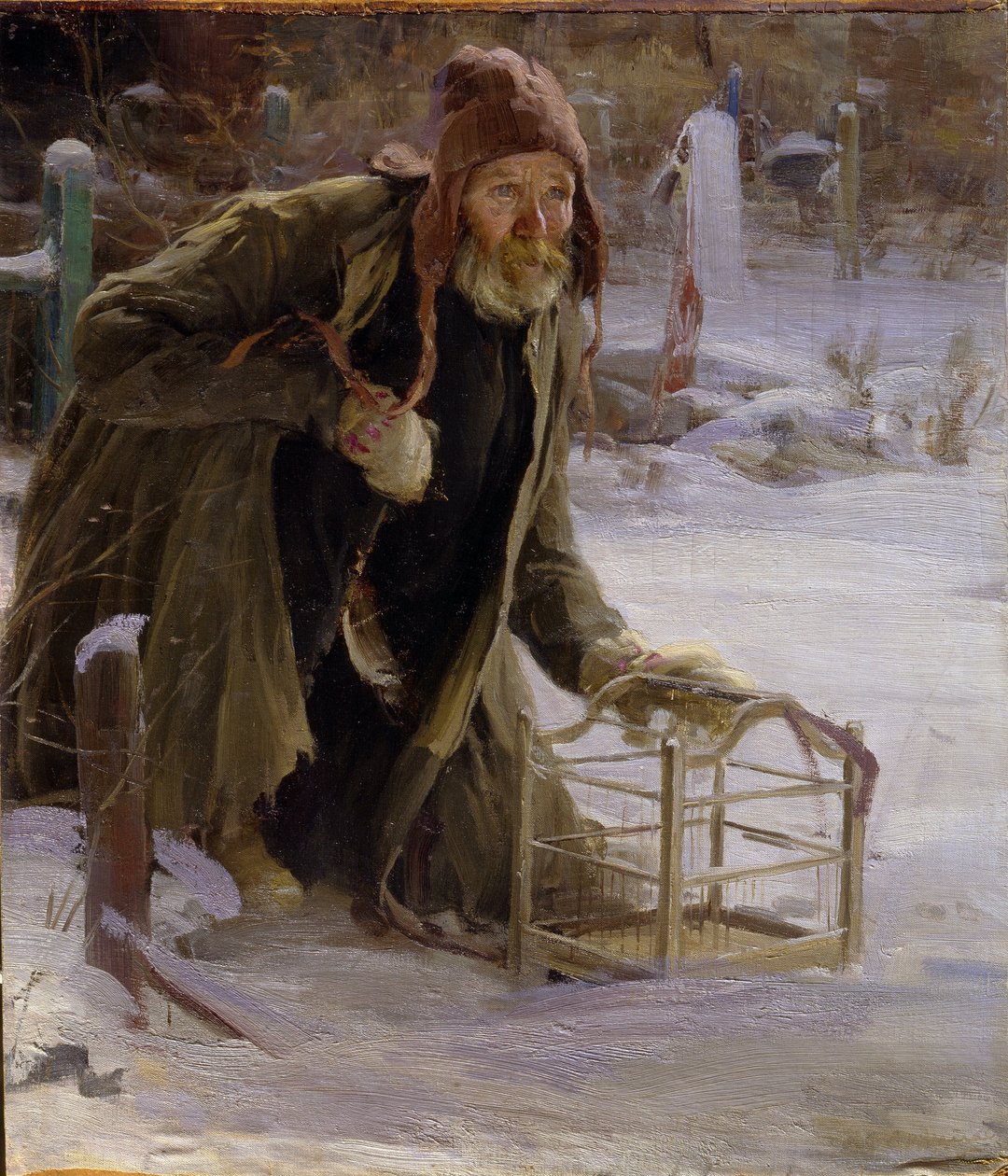 Fuglefangeren. Klædt elendigt på, knælende i sneen, holder en mand et bur. Maleri af Abram Yefimovich Arkhipov (1862-1930), olie på lærred af Abram Efimovich Arkhipov