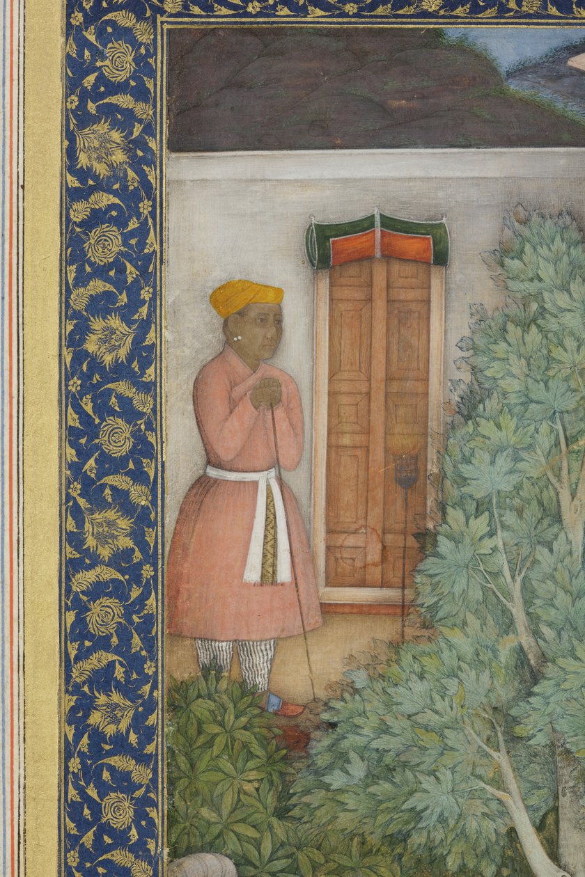 Detalje fra kejser Jahangir med hellige mænd i en have, ca. 1615 (ugennemsigtigt wc & guld på papir) af Abul Hasan