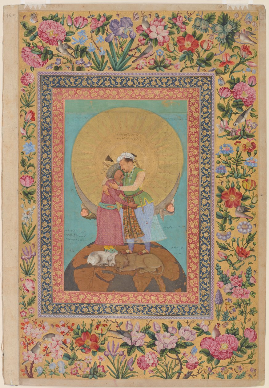 Allegorisk repræsentation af kejser Jahangir og Shah Abbas af Persien, illustration fra St. Petersburg Album, ca. 1618 (wc, blæk, sølv og guld på papir) af Abul Hasan
