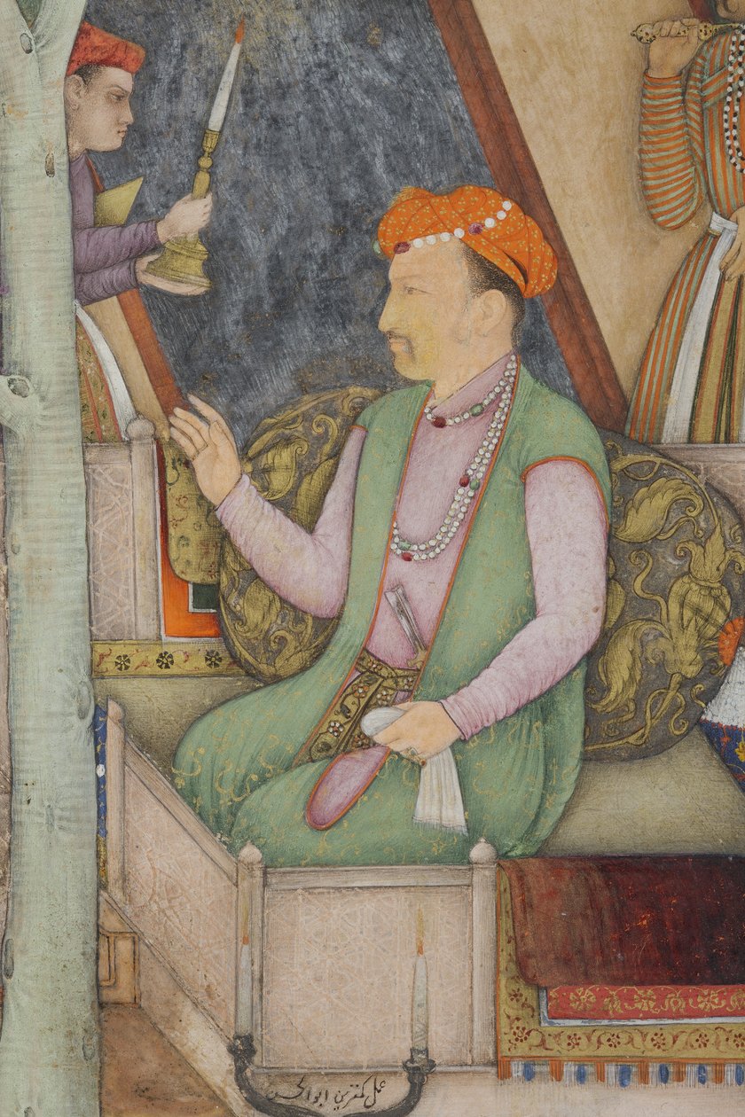 Detalje fra kejser Jahangir med hellige mænd i en have, ca. 1615 (ugennemsigtigt wc & guld på papir) af Abul Hasan