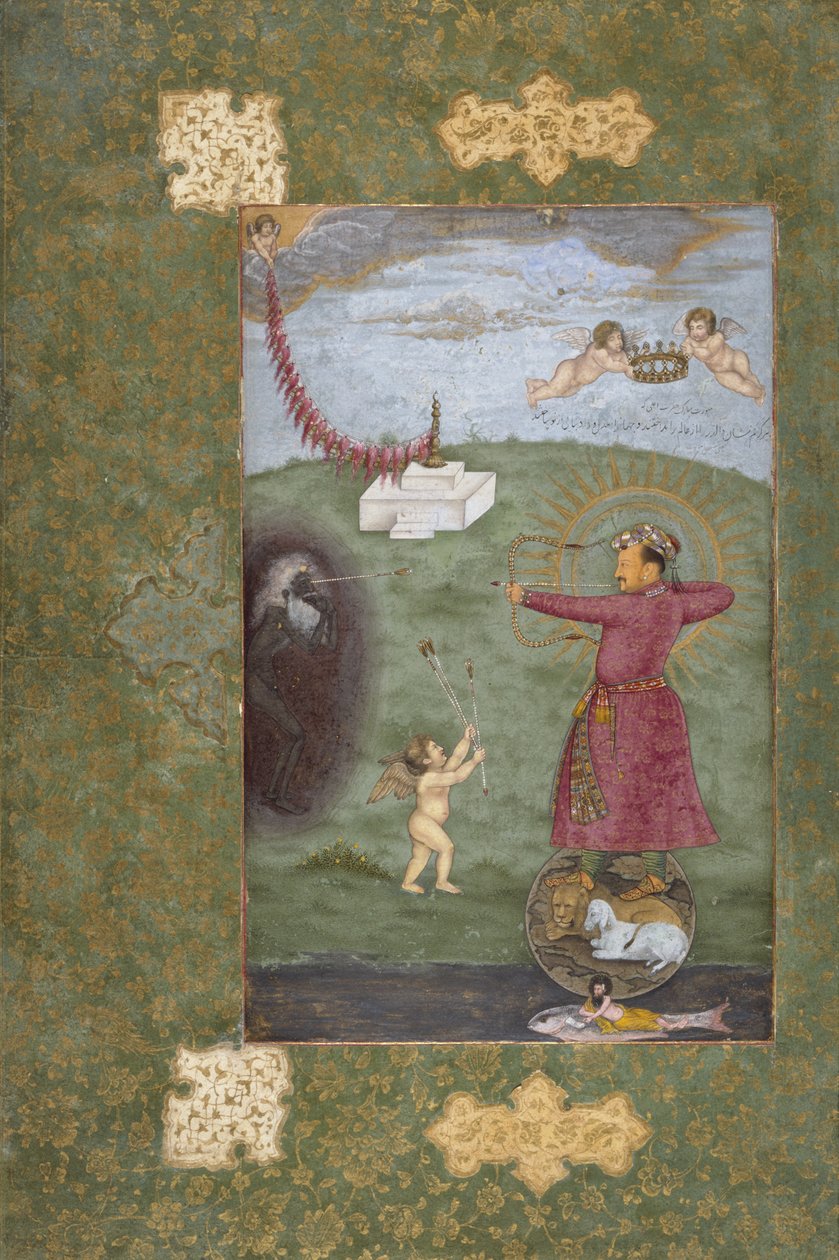 Kejser Jahangir Triumphing Over Poverty, ca. 1620-25 (ugennemsigtig akvarel, guld og blæk på papir) af Abul Hasan