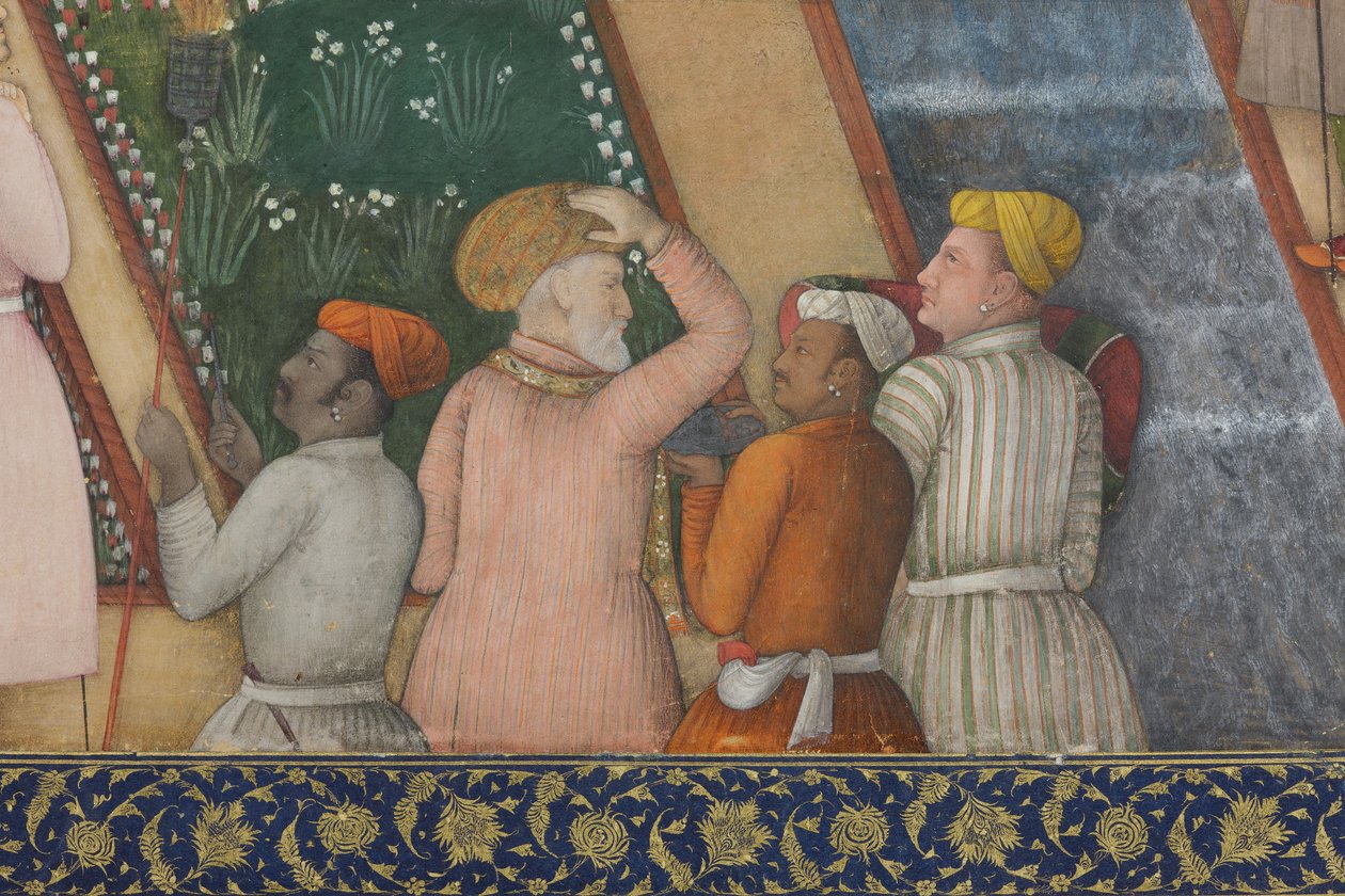 Detalje fra kejser Jahangir med hellige mænd i en have, ca. 1615 (ugennemsigtigt wc og guld på papir) af Abul Hassan Ghaffari
