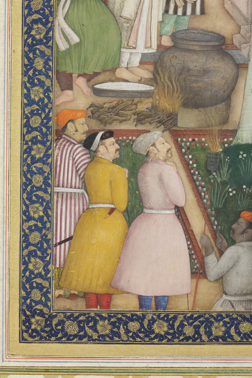 Detalje fra kejser Jahangir med hellige mænd i en have, ca. 1615 (ugennemsigtigt wc og guld på papir) af Abul Hassan Ghaffari
