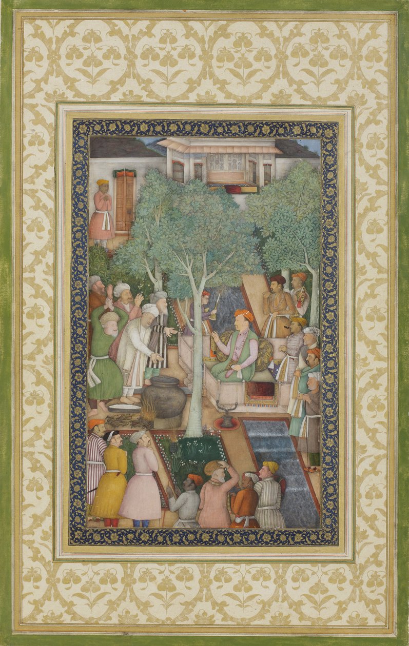 Kejser Jahangir med hellige mænd i en have, ca. 1615 (ugennemsigtigt wc og guld på papir) af Abul Hassan Ghaffari