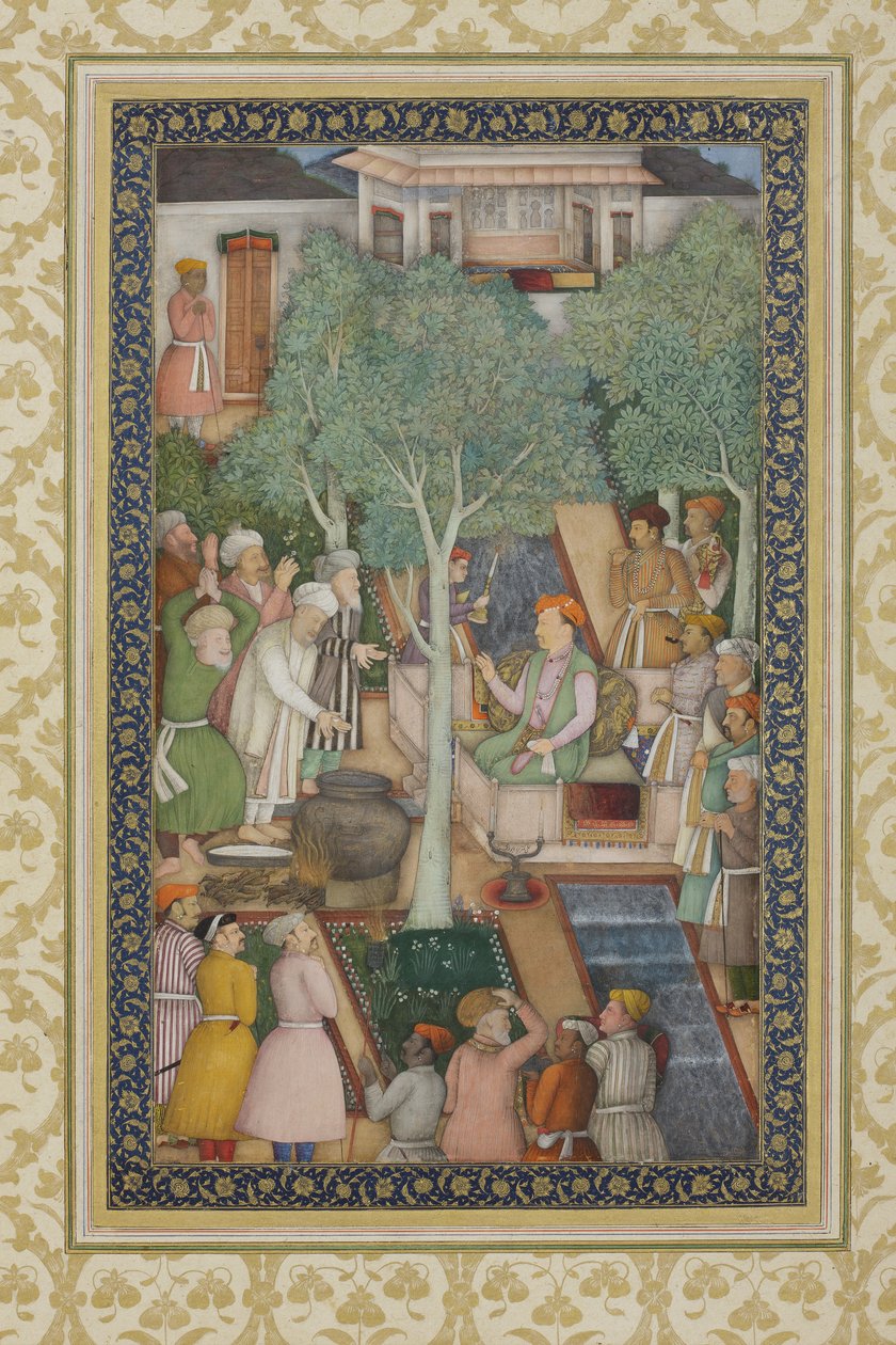 Kejser Jahangir med hellige mænd i en have, ca. 1615 (ugennemsigtigt wc og guld på papir) af Abul Hassan Ghaffari