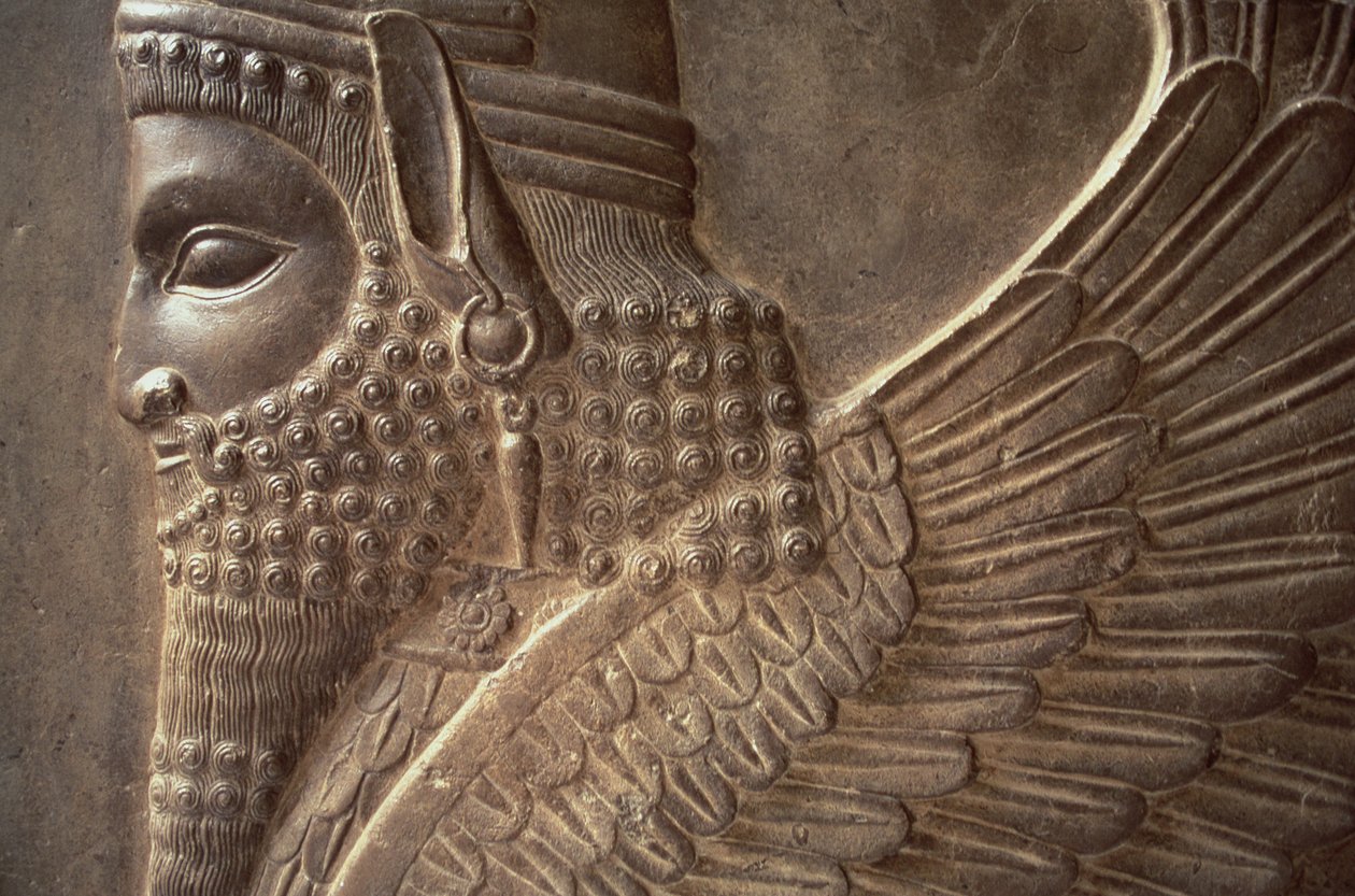 Bevinget mand med en løvekrop, detalje af et relief fra den nordlige trappe af Tripylon, sten ca. 470 f.Kr. af Achaemenid