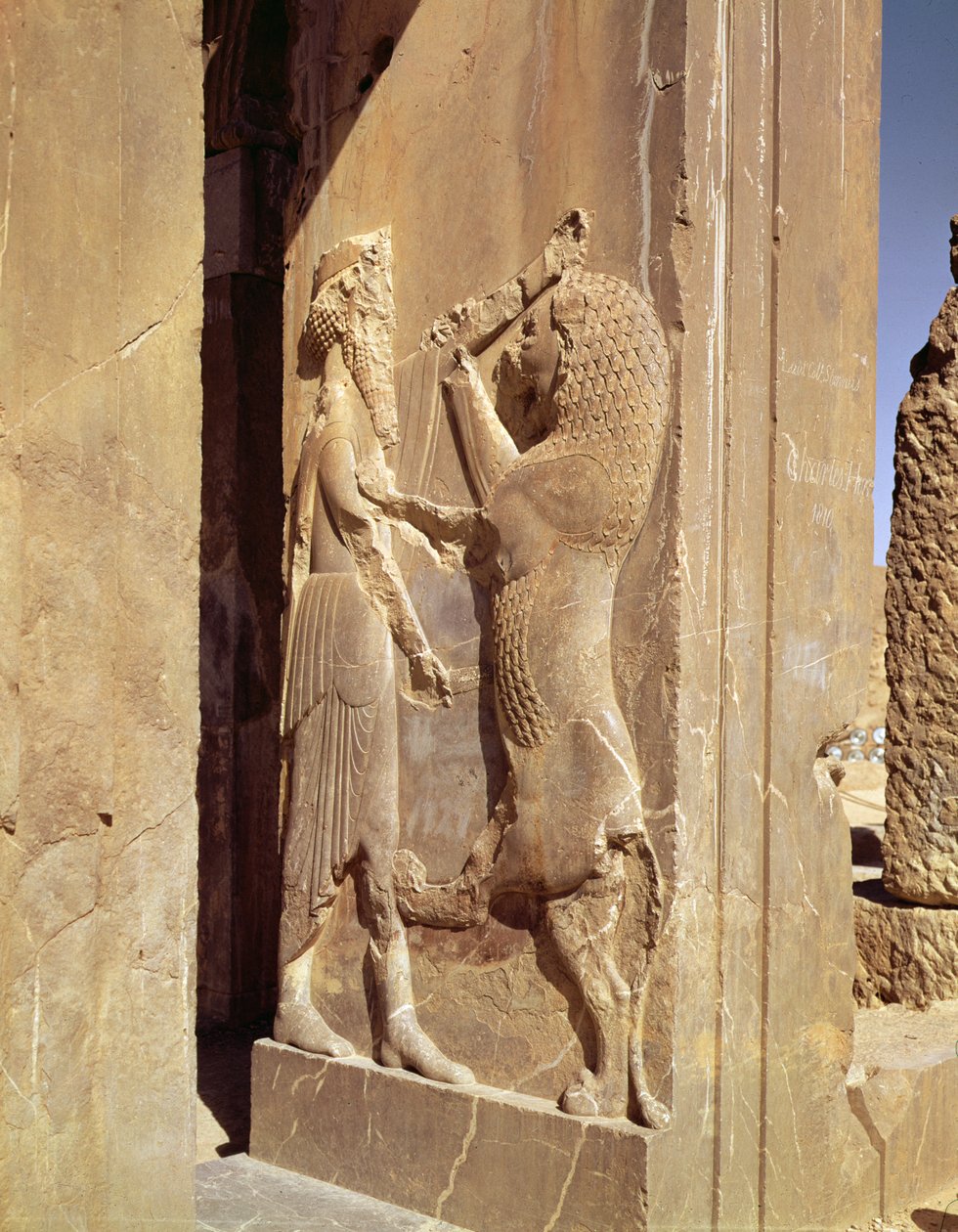 Darius kæmper mod løven, detalje fra den vestlige indgang til Darius den Stores palads af Achaemenid