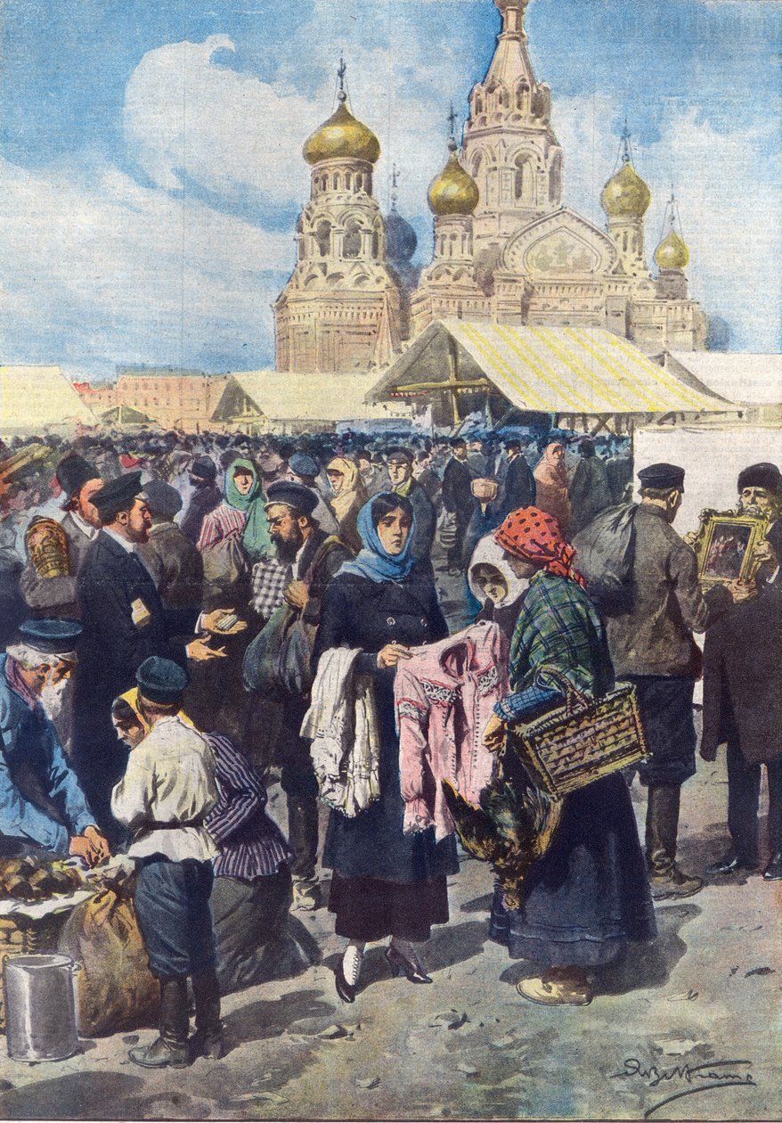 Byttehandel i Rusland efter valutaens sammenbrud efter den russiske revolution, illustration fra "La Domenica del Corriere", 1. juni 1919 af Achille Beltrame