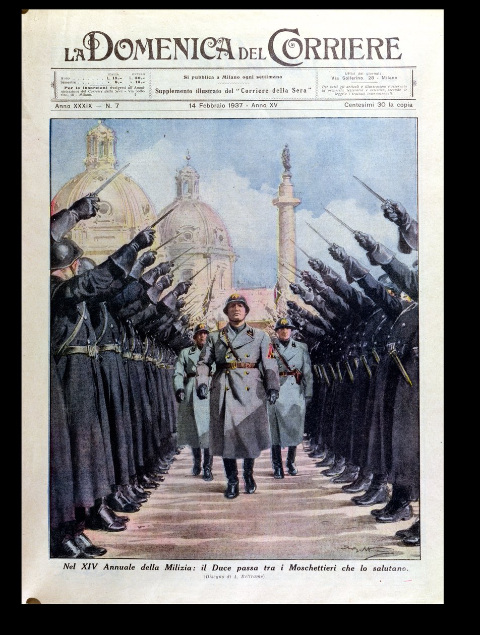 Benito Mussolini (1883-1945) i en gennemgang af militsen, fra "La Domenica del Corriere", 14. februar 1937 af Achille Beltrame