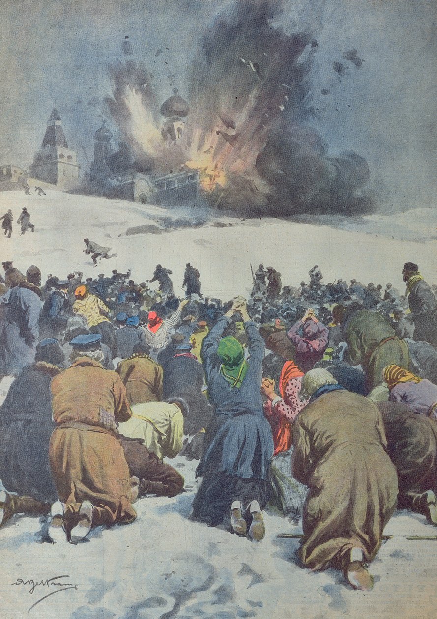 Ødelæggelse af en gammel klosterkirke af sovjetterne og ledsagende klagesang fra de trofaste, illustration fra 