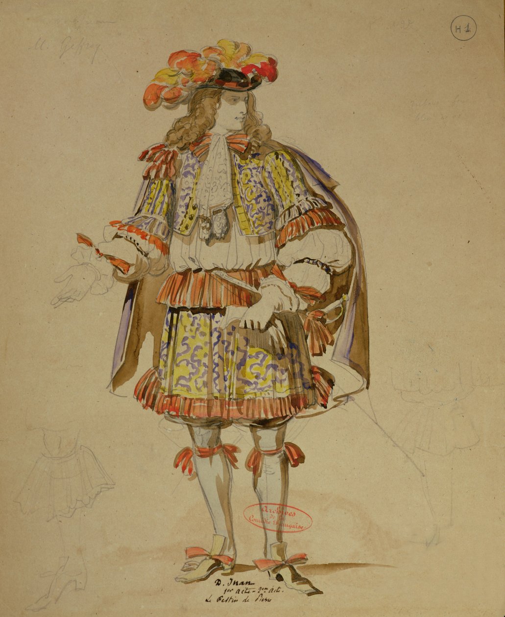 Kostumeudkast til en 1847-opførelse af "Don Juan" af Moliere (1622-73) på Comedie Francaise (pen og blæk og wc på papir) af Achille Devéria