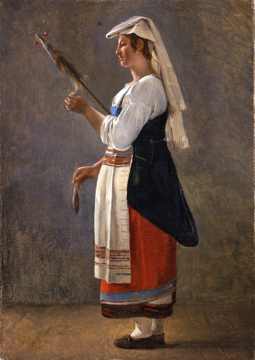 Et af et par italienske studier: An Italian Peasant Spinning, 1820 (olie på papir lagt på lærred) af Achille Etna Michallon