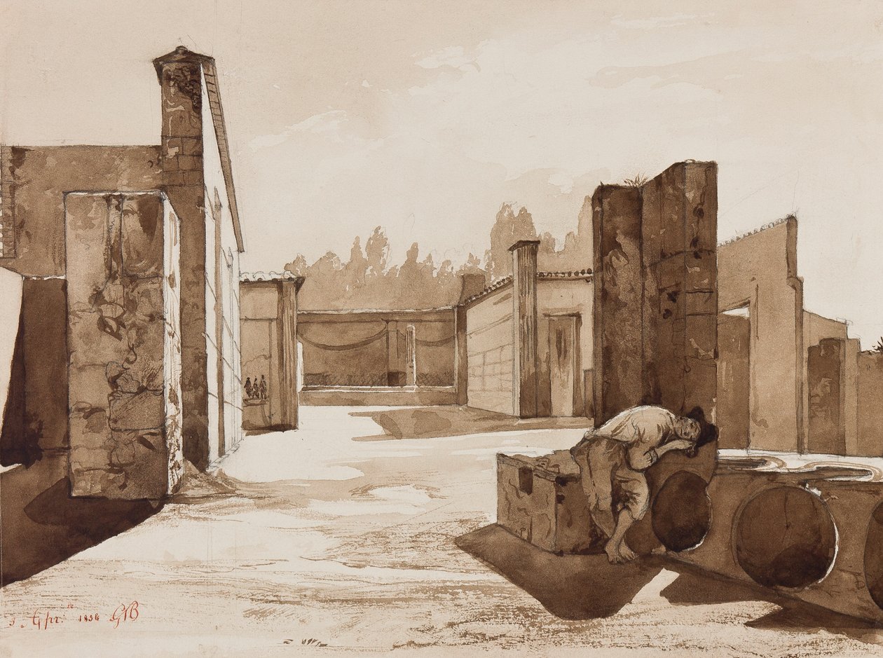 A Pompeian View, med tilføjelser af Prins Gaetano Maria Federico di Borbone (1846-1871), 1854 (blyant og sepia-vaske på papir) af Achille Vianelli