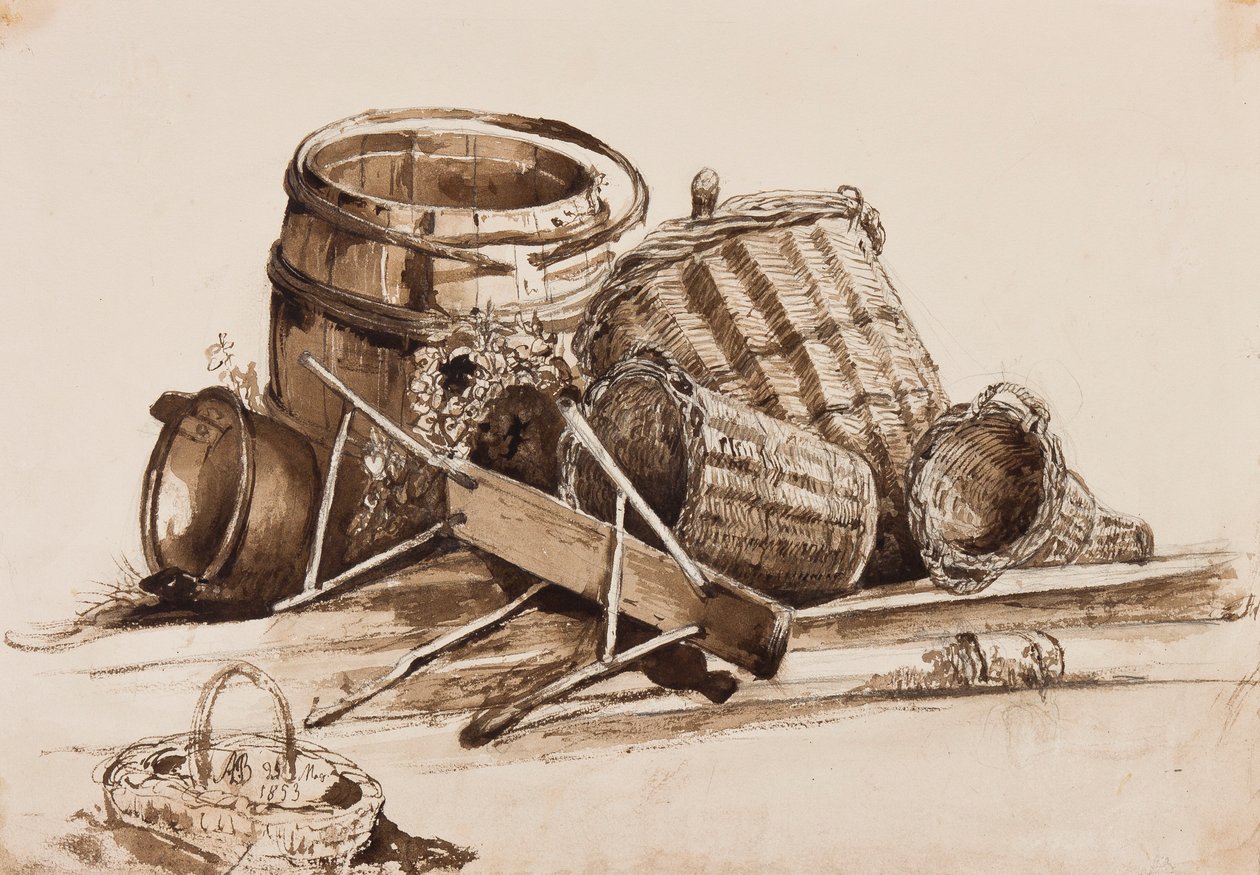 Kurve, tønder og bænk, med tilføjelser af prins Alfonso Maria di Borbone (1841-1934), 1853 (blyant og sepiafarvede lakeringer på papir) af Achille Vianelli