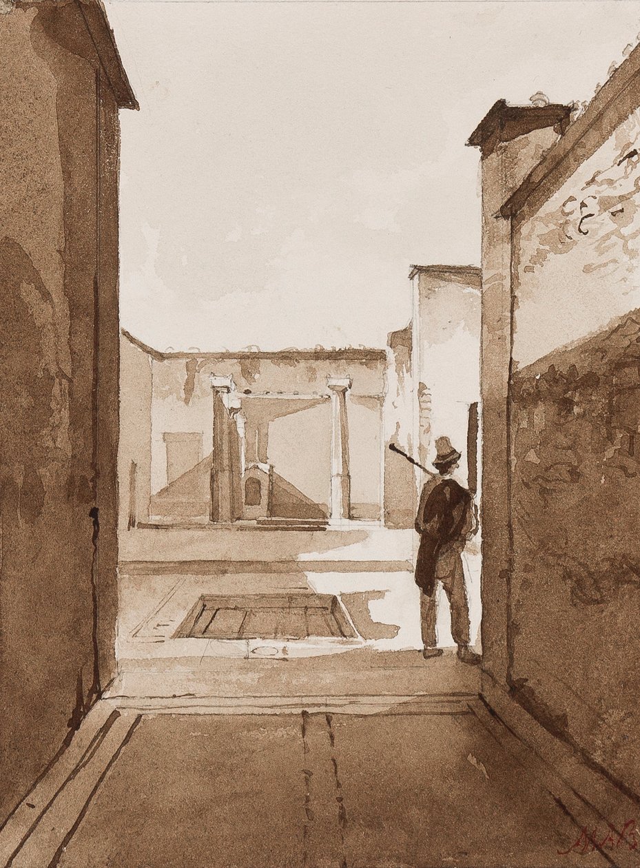 Gårdhave i Pompeji, med tilføjelser af prinsesse Maria Annunziata di Borbone (1843-1871) (blyant og sepia-vaske på papir) af Achille Vianelli