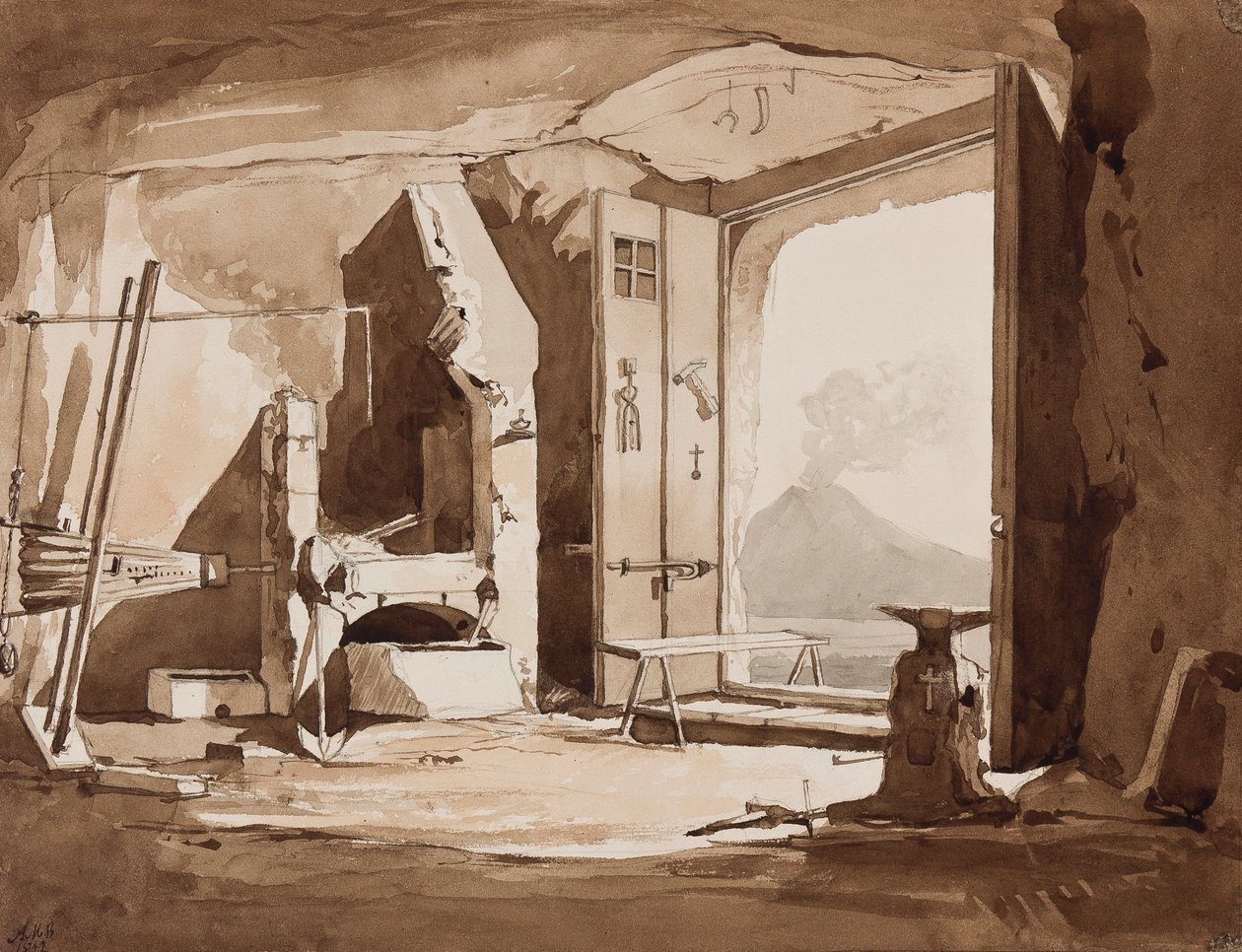 Interiør af en smedje, med tilføjelser af prins Alfonso Maria di Borbone (1841-1934), 1852 (blyant og sepia-vaske på papir) af Achille Vianelli