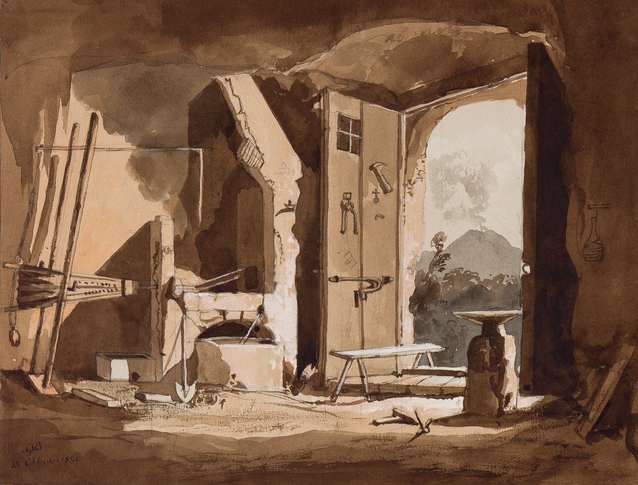 Interiør af en smedje, med tilføjelser af prins Gaetano Maria Federico di Borbone (1846-1871), 1854 (blyant og sepia-vaske på papir) af Achille Vianelli