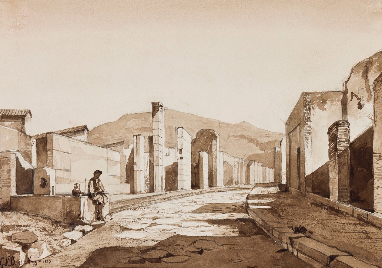 Pompeii, med tilføjelser af prins Gaetano Maria Federico di Borbone (1846-1871), 1854 (blyant og sepiafarvede lakeringer på papir) af Achille Vianelli