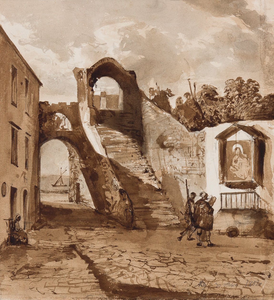 Helligdom i væggene i en napolitansk landsby, med tilføjelser af prins Alfonso Maria di Borbone (1841-1934), 30. oktober 1854 (blyant og sepia vask på papir) af Achille Vianelli