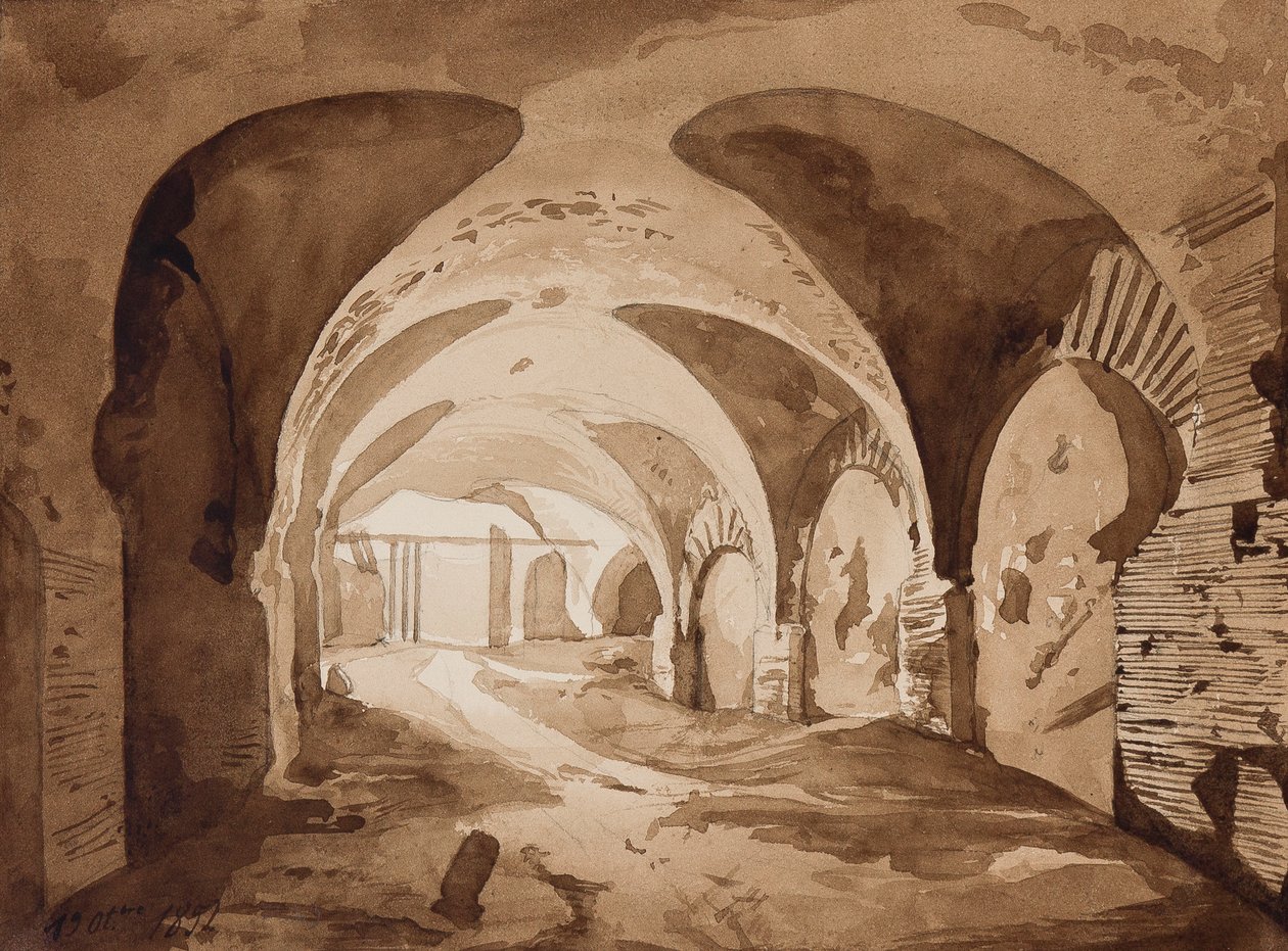 Ambulatoriet, der fører til amfiteatret i Pozzuoli, med tilføjelser af prins Alfonso Maria di Borbone (1841-1934), 19. oktober 1852 (blyant og sepia-vaske på papir) af Achille Vianelli
