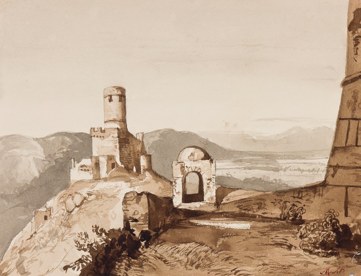 Tårn og bymure, muligvis over Sorrento, med tilføjelser af prinsesse Maria Annunziata di Borbone (1843-1871) (blyant og sepia-vaske) af Achille Vianelli