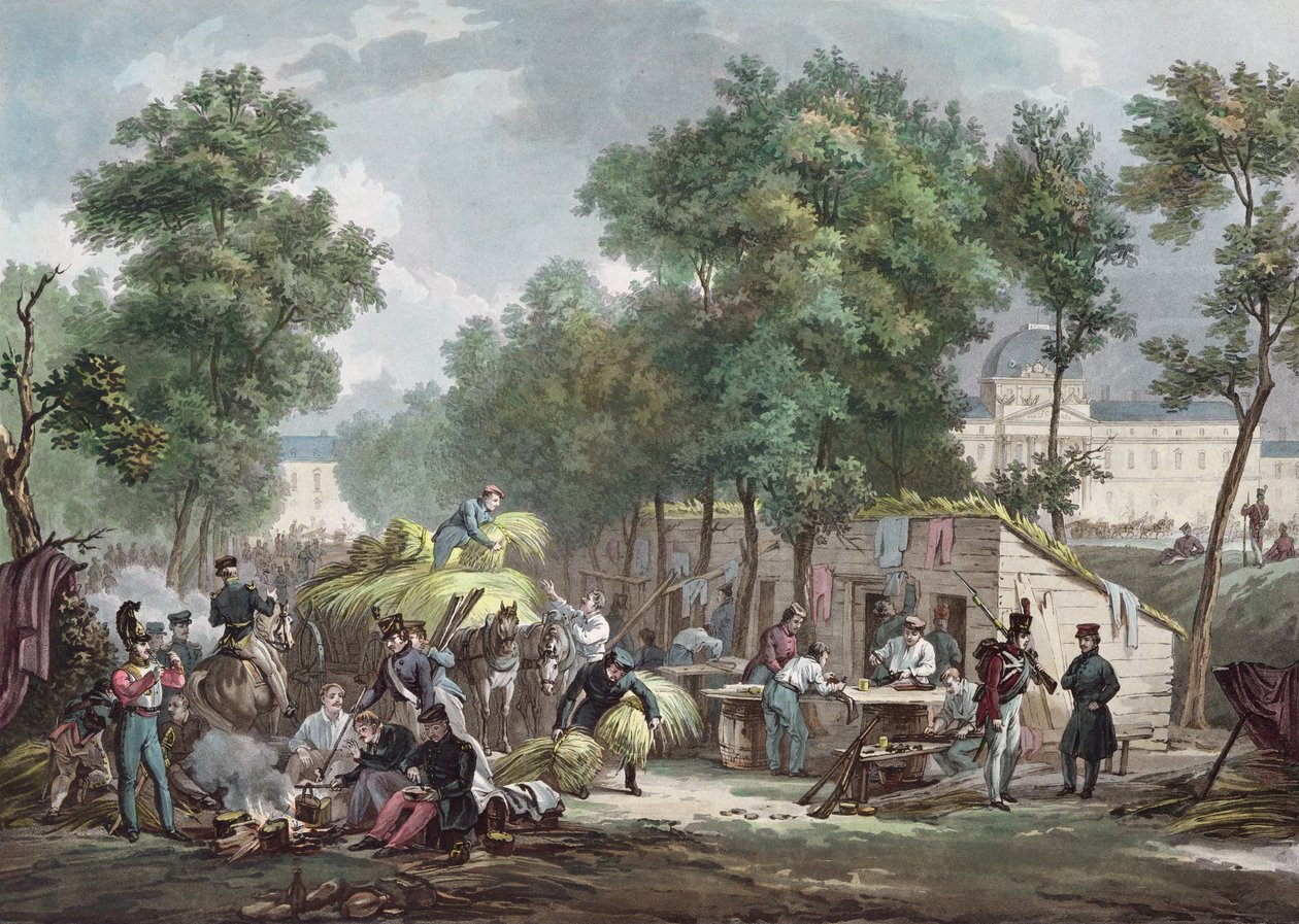 Preussiske soldater bivuackerer på Champs de Mars, Paris i 1871, indgraveret af Jazet af Achille Louis Martinet