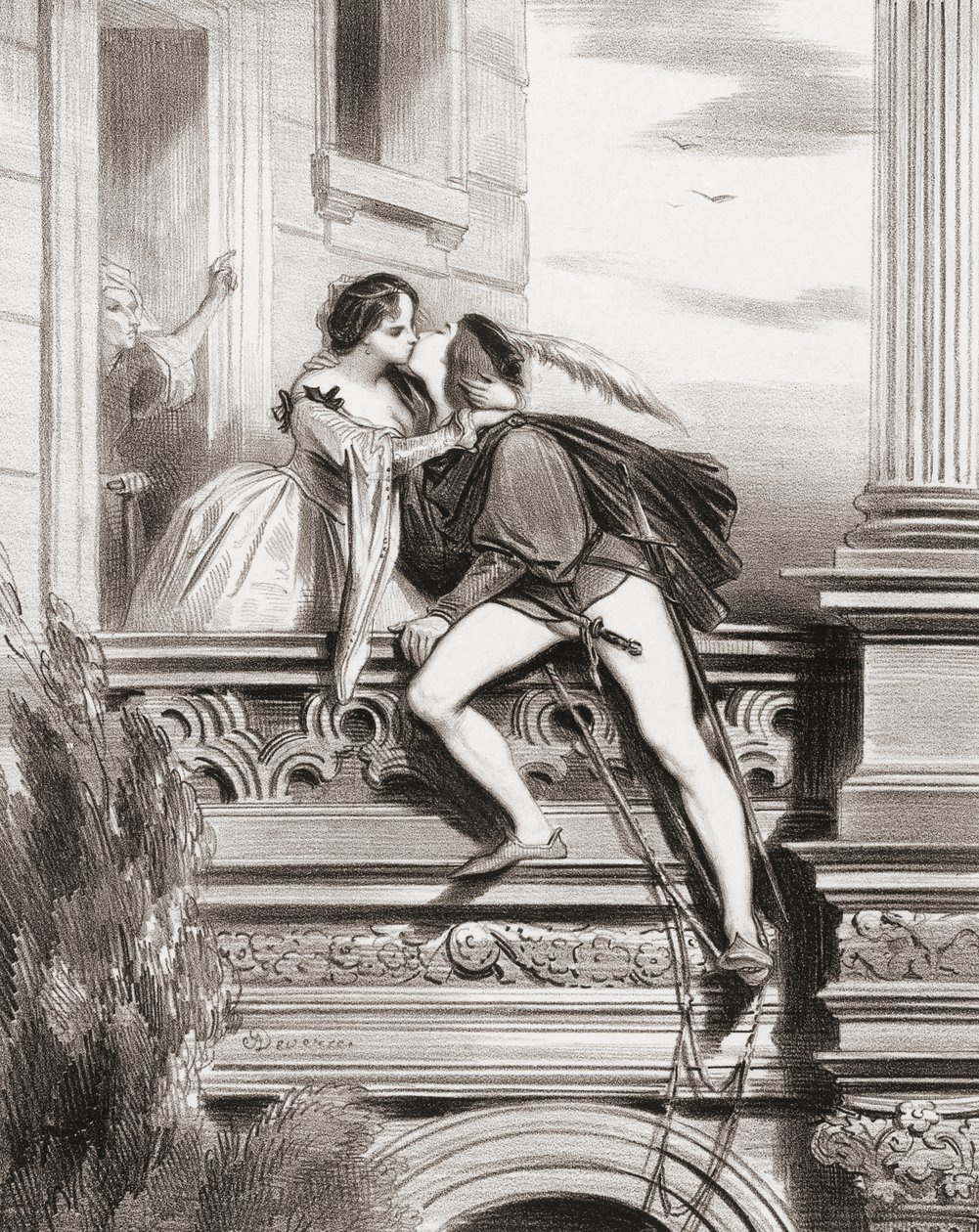 Romeo og Julie. Balkon scene. (Print) af Achille (after) Deveria