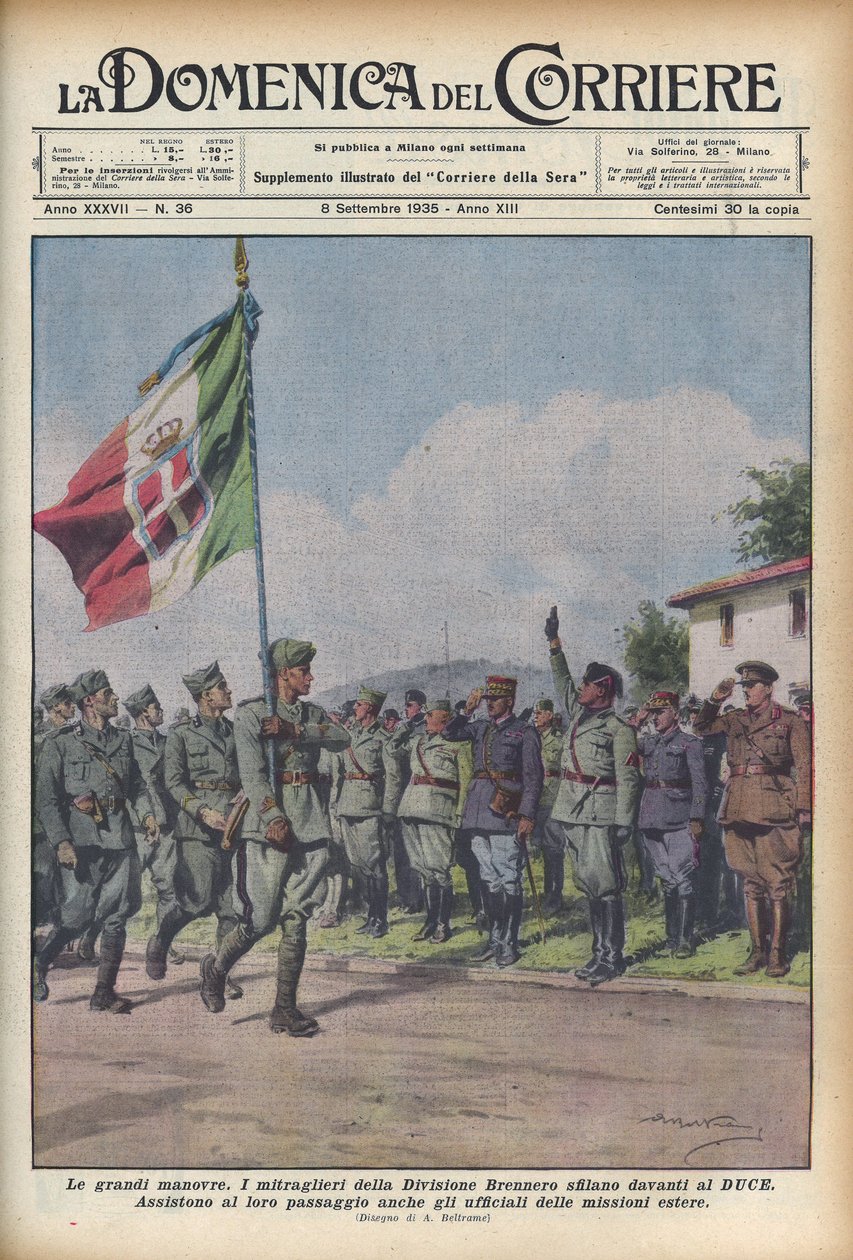 1935 Maskingeværerne fra Brenner-divisionen paraderer foran Duce - CORRIERE SUNDAY - militærmanøvre. Tropperne passerer foran Benito Mussoli "" il Duce "" - Illustration af Achille Beltrame (1871-1945) af Achille Beltrame