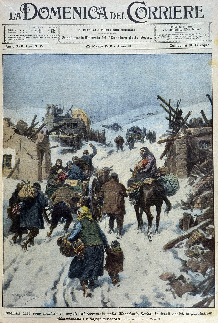 2000 huse kollapsede efter jordskælvet i det serbiske Makedonien: den sørgelige udvandring af befolkningen, der forlod de ødelagte landsbyer - dess. de A. Beltrame i "" la Domenica del Corriere"" af 22/03/1931 af Achille Beltrame