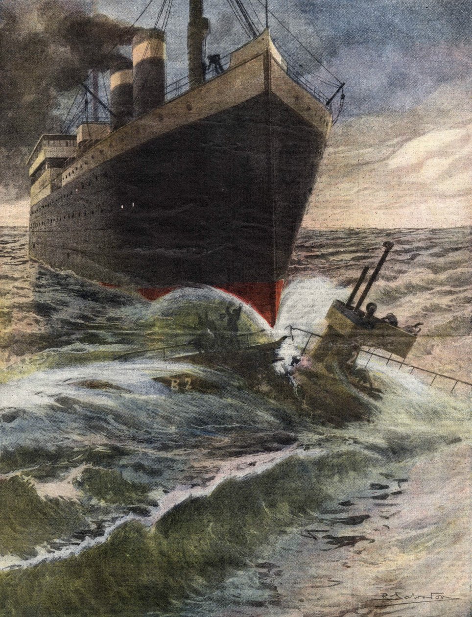 Et tysk transatlantisk hav vælter og brækker en ubåd fra den engelske flåde ud for Dovers kyst - Illustration af Beltrame - "" La Domenica del Corriere"" oktober 1912 af Achille Beltrame