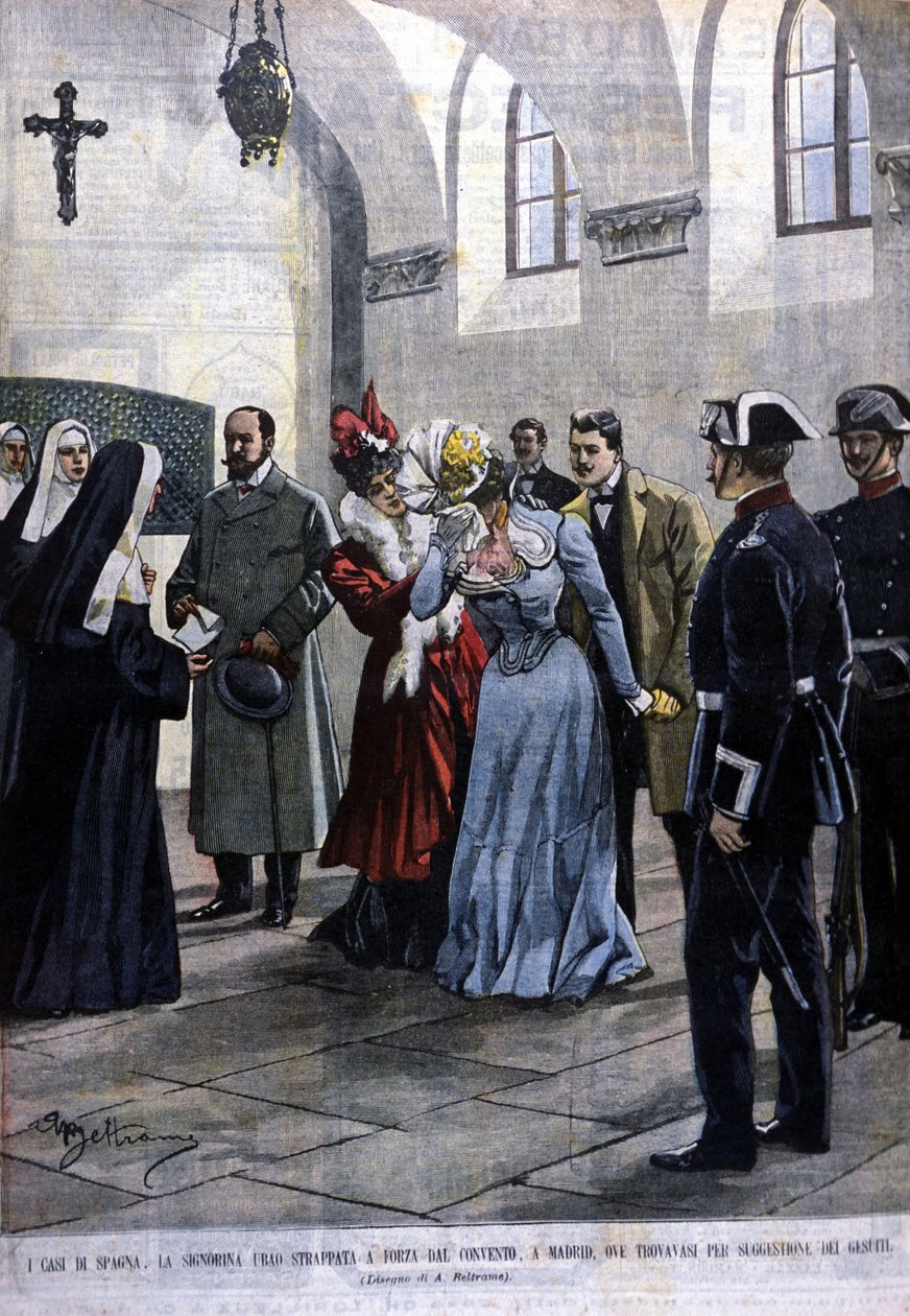 I Madrid bliver en ung kvinde, Mademoiselle Ubao, revet fra livet som en nonne i et kloster, hvor hun var på forslag fra jesuitterne. Illustration af Beltrame. Domenica del corriere. 1901. af Achille Beltrame