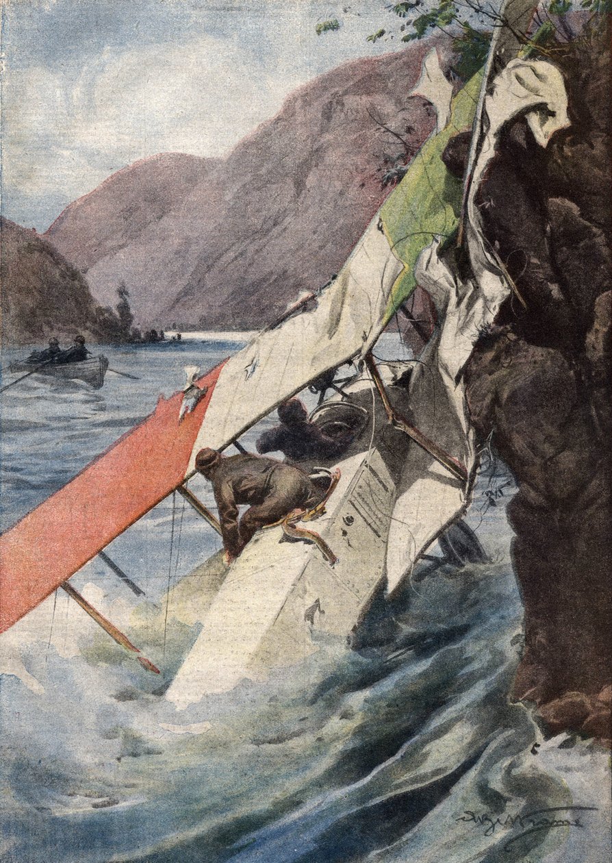En dramatisk rekognosceringsflyvning: Efter en kamp, uden motor eller propel, lykkedes det overraskende to flyvere at nå de italienske linjer og faldt i Isonzo-floden. Ill. de Beltrame. La Domenica del Corriere. 10/1917. af Achille Beltrame