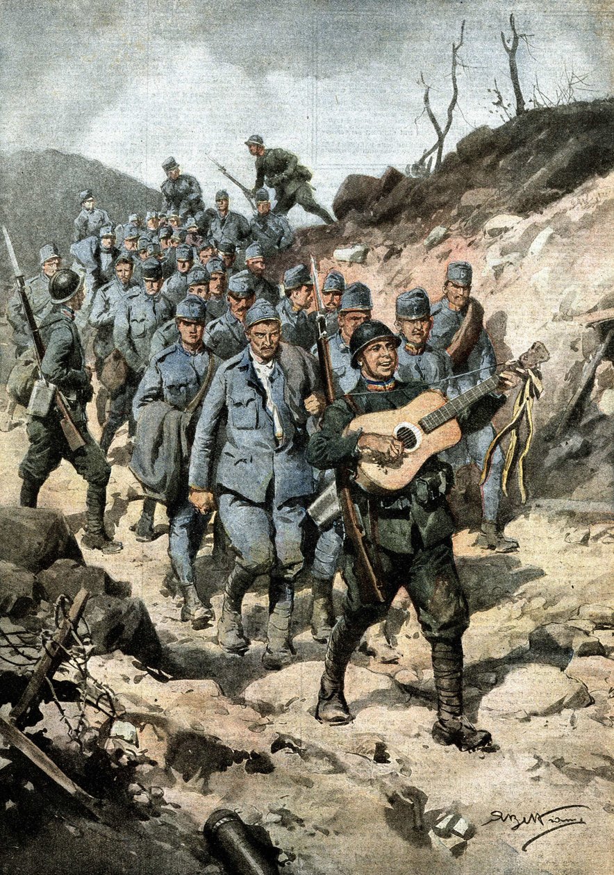 En glad helt. Efter at have fanget fyrre østrigere og en guitar i en hule, marcherede menig Buoncompagni i spidsen for gruppen af fanger, der sang. Ill. de Beltrame. La Domenica del Corriere. 10/1917 af Achille Beltrame