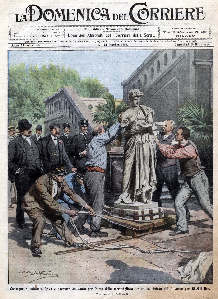 En statue købt af regeringen til 450 tusind lire bringes til Rom og leveres til minister Rava. Ill. de Beltrame. La Domenica del Corriere. 10/1909. af Achille Beltrame