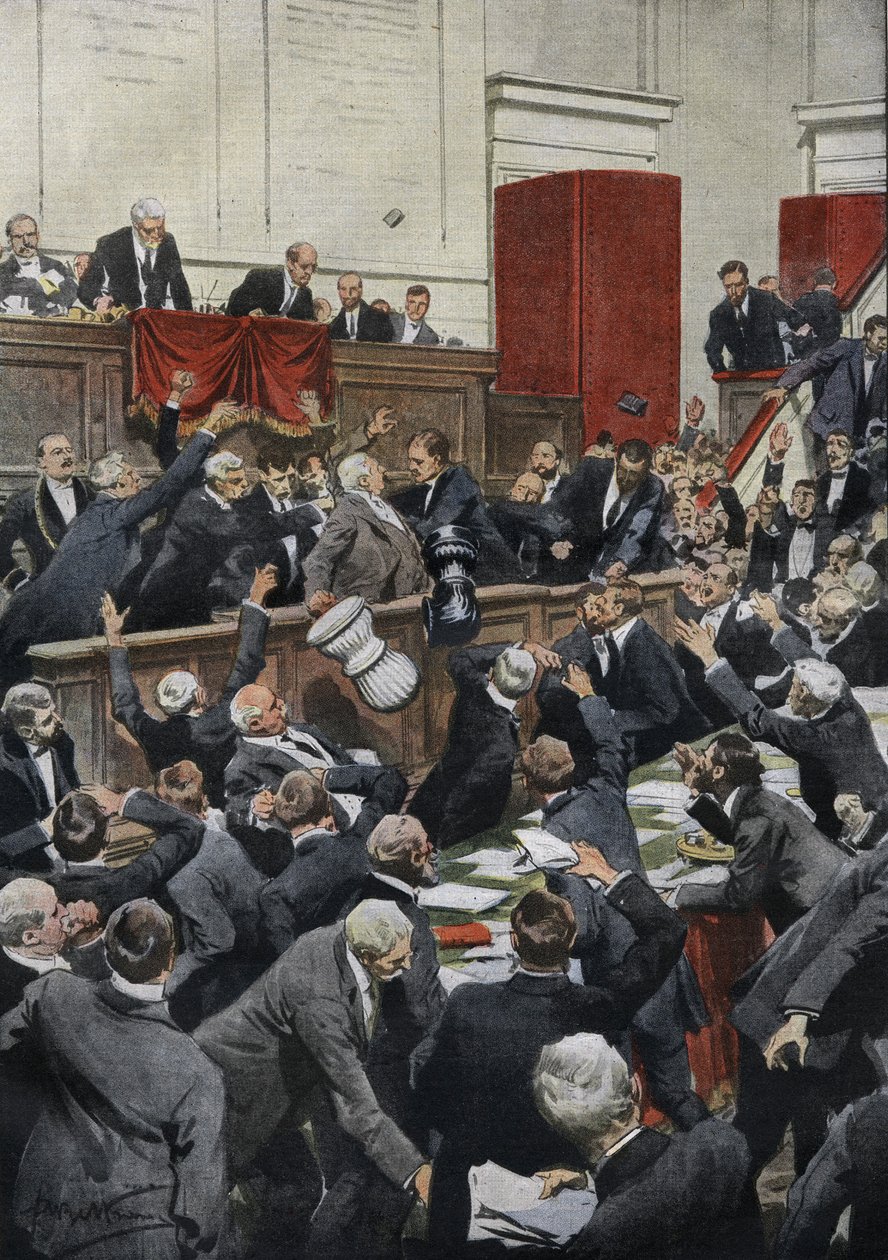 Et stormfuldt møde i det italienske deputeretkammer under en budgetdebat. MP Chiesa suspenderer afstemningen ved at kaste stemmeboksen. “La Domenica del Corriere” af Achille Beltrame