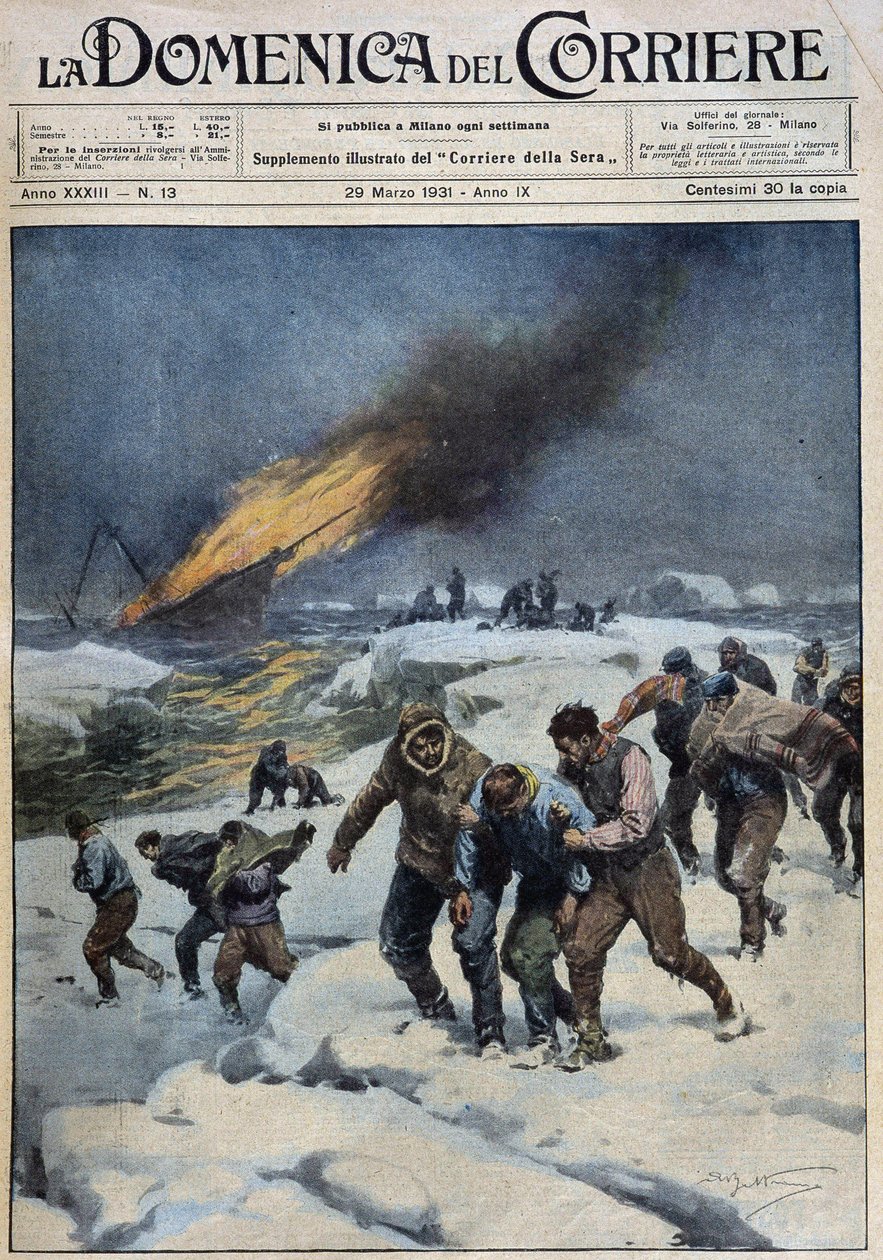 Efter eksplosionen af hvalfangeren "Viking", den tragiske march af besætningen på jagt efter redning: denne båd (i bunden i flamme) bar en filmisk ekspedition - dess. af A. Beltrame i "" la Domenica del Corriere""" af 29/03/1931 af Achille Beltrame