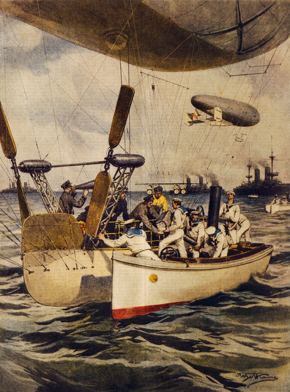 Luftskibe, der forsyner slagskibe under deres rejse, af Achille Beltrame, illustration, Illustrator Achille Beltrame (1871-1945), fra La Domenica del Corriere, 5. maj 1910 af Achille Beltrame