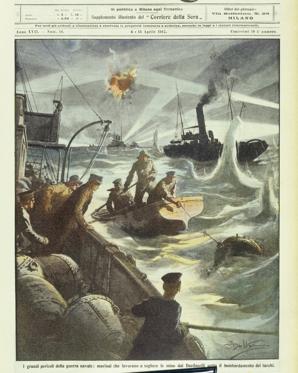 Allierede styrker søfolk, der forsøgte at uskadeliggøre miner under tyrkisk artilleriild under 1. verdenskrig 1914-1918 (litografi) af Achille Beltrame