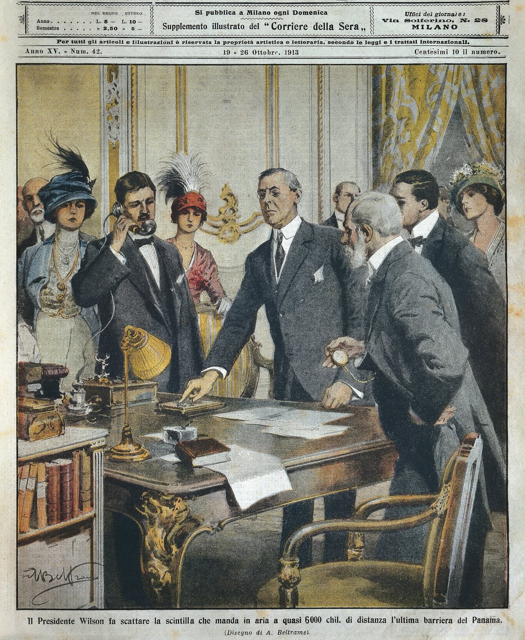 Den amerikanske præsident Woodrow Wilson sætter telegrafisk detonation i gang, som ødelagde sidste barriere til Panamakanalen 6000 kilometer væk, af Achille Beltrame (1871-1945), fra La Domenica del Corriere af Achille Beltrame