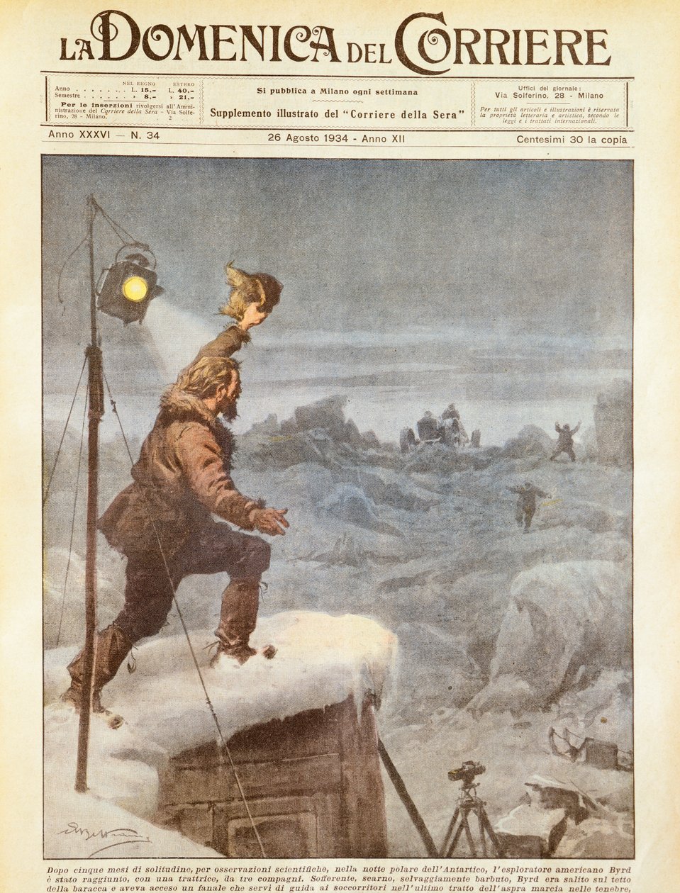 Den amerikanske opdagelsesrejsende, Richard E Byrd, får selskab af ledsagere i Antarktis efter at have været alene i fem måneder, af Achille Beltrame, illustration, illustrator Achille Beltrame (1871-1945), fra La Domenica del Corriere, 26. august 1934 af Achille Beltrame