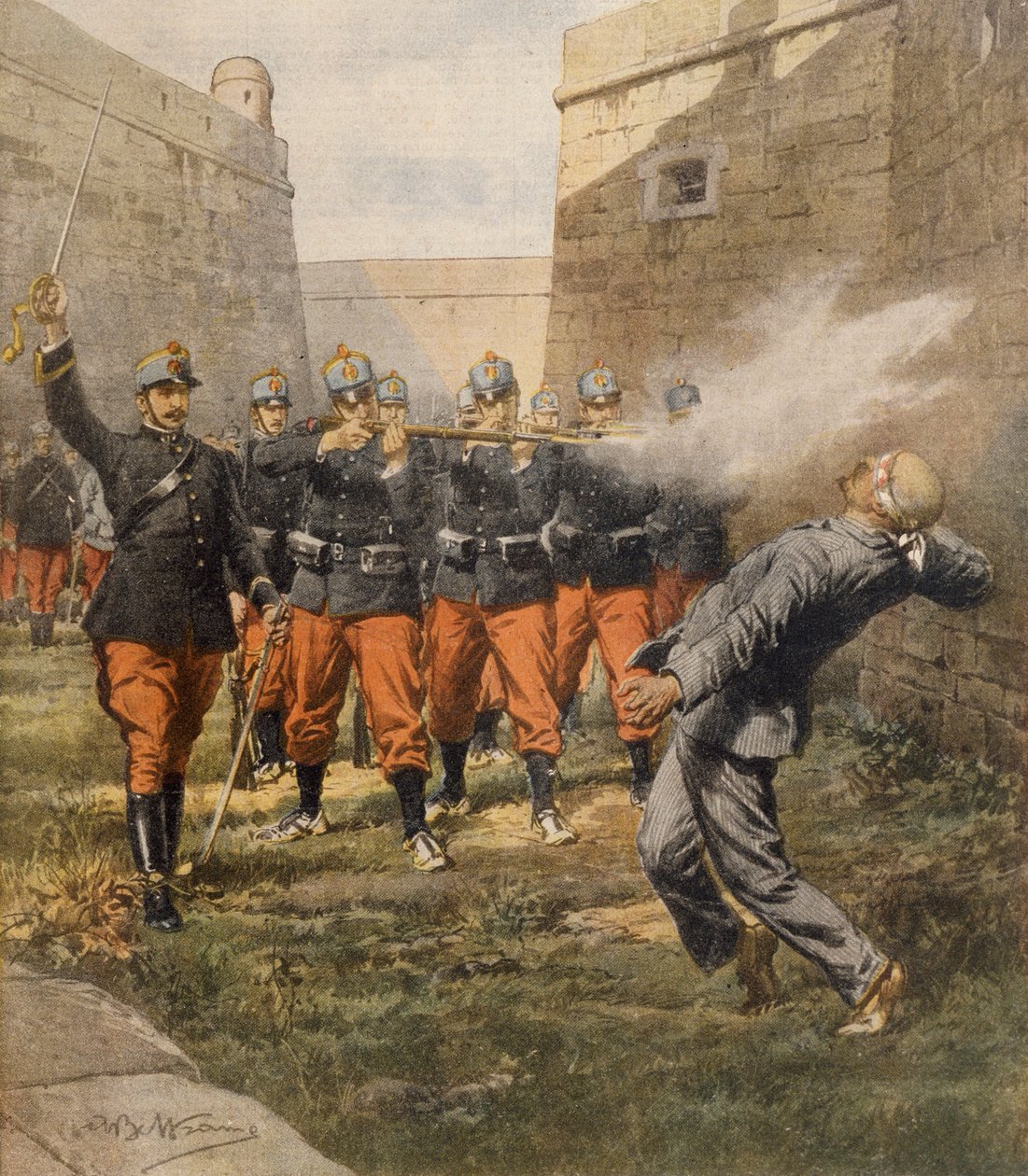 Anarkisten Francesco Ferrers død ved skydestyrke i Barcelonas fængsel, af Achille Beltrame, illustration, Illustrator Achille Beltrame (1871-1945), fra La Domenica del Corriere, oktober 1909 af Achille Beltrame