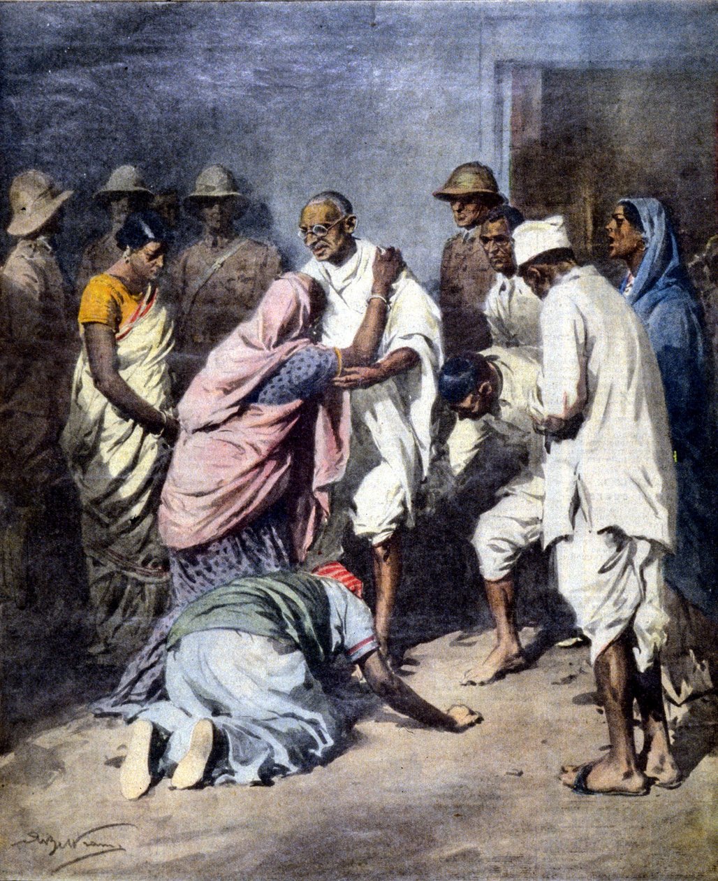 Arrestation af Mahatma Gandhi (1869 - 1948). Syg. af Achille Beltrame. Kurerens søndag. 1932 af Achille Beltrame
