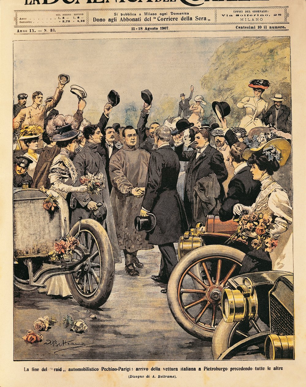 Ankomst til Sankt Petersborg af italiensk vinderbil (Itala 35/45 HK kørt af Scipione Borghese og Ettore Guizzardi), slutningen af Paris-Beijing motorløb, illustration af Achille Beltrame fra La Domenica del Corriere, 11.-18. august af Achille Beltrame