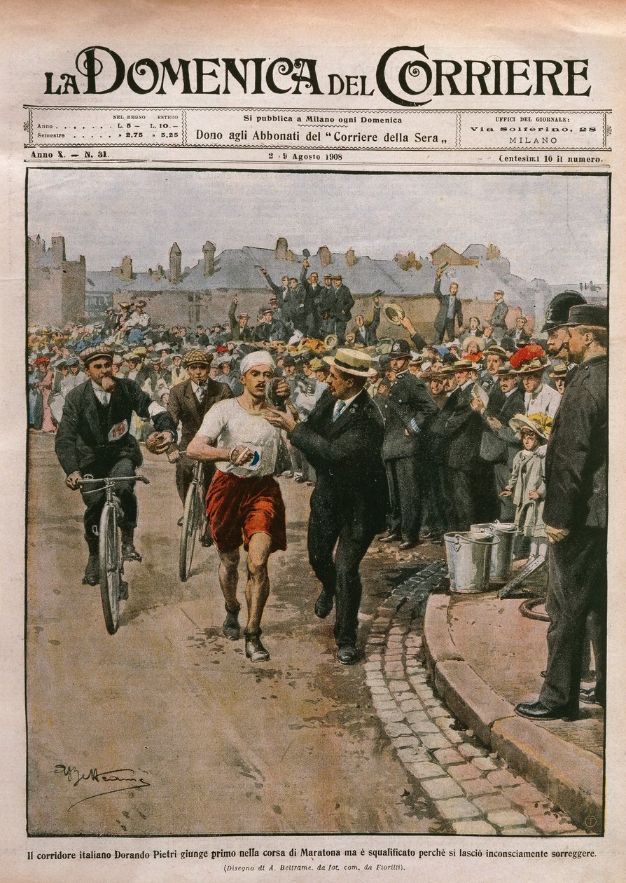 Ankomst af Dorando Pietri (1885-1942) i maraton, OL i London, illustration af Achille Beltrame fra La Domenica del Corriere, 2.-9. august af Achille Beltrame