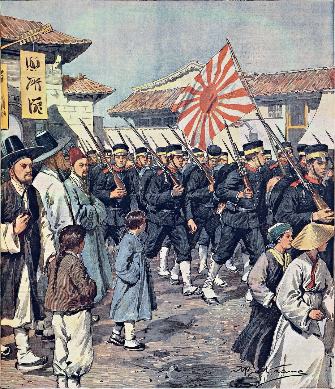 Japanske troppers ankomst til Korea, af Achille Beltrame (1871-1945), illustration fra La Domenica del Corriere, 21. februar af Achille Beltrame