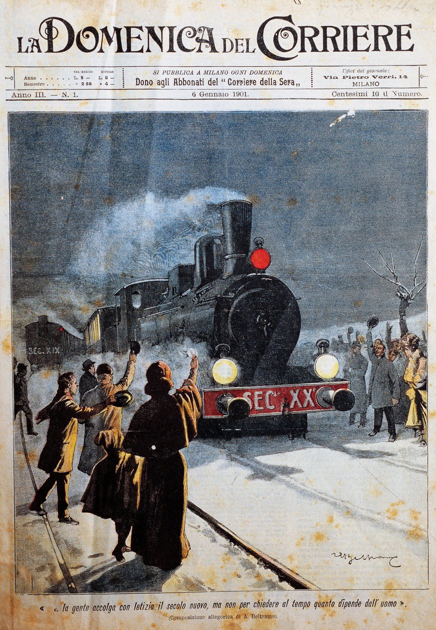 Det nye århundredes ankomst, folk byder velkommen i det nye århundrede med glæde, illustration af Achille Beltrame (1871-1945), fra La Domenica del Corriere, 6. januar af Achille Beltrame