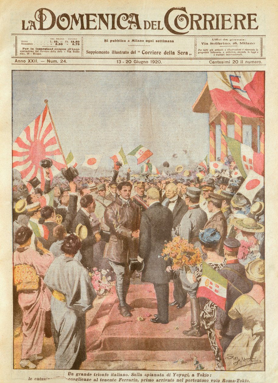 Arturo Ferrarin, langdistanceflyver, der bliver modtaget i Tokyo som den første, der ankommer på ruten Rom-Tokyo, af Achille Beltrame, illustration, Illustrator Achille Beltrame (1871-1945), fra La Domenica del Corriere af Achille Beltrame