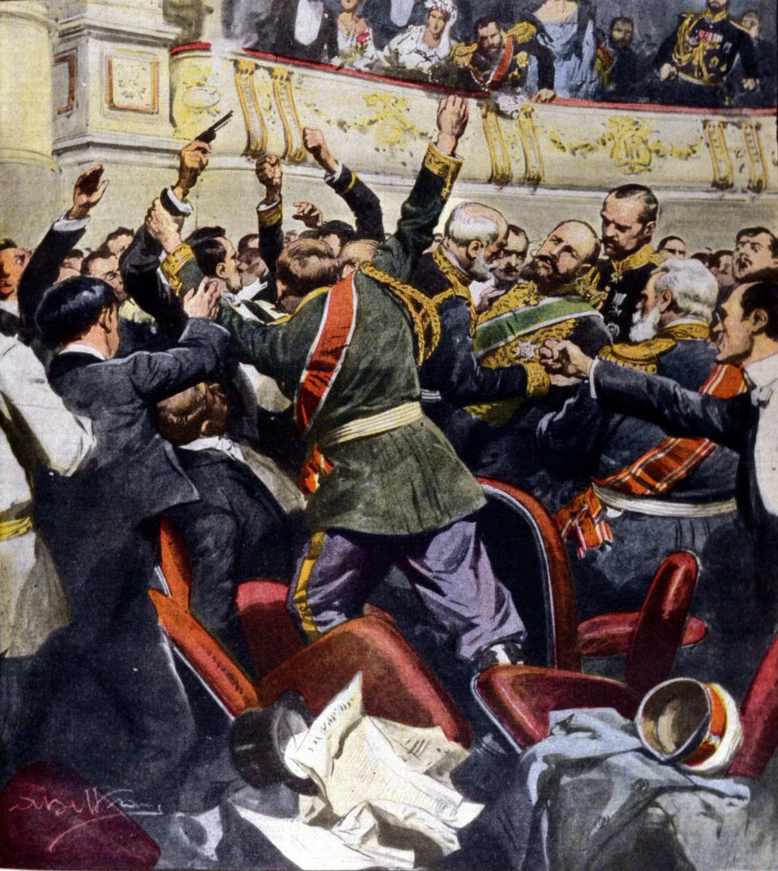 Angreb på den russiske minister Stolypin ved det kommunale teater i Kiev. Beltrame illustration af Achille Beltrame